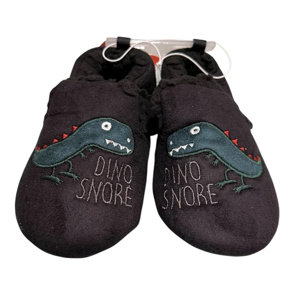 Joe Fresh Slippers Kids Size 9 Black Dino Snore Dinosaur Hook Loop House Shoes